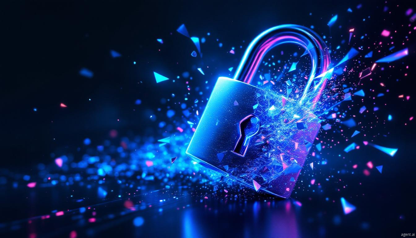 A glowing digital padlock shattering into fragments, symbolizing a cybersecurity breach or data compromise.