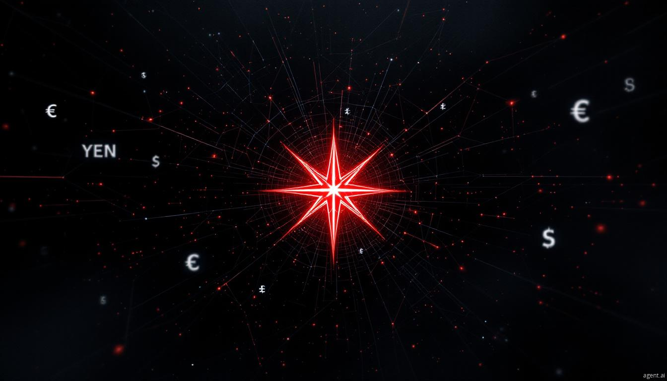 A glowing red star at the center of a digital web, surrounded by floating currency symbols, representing cyber financial attacks.