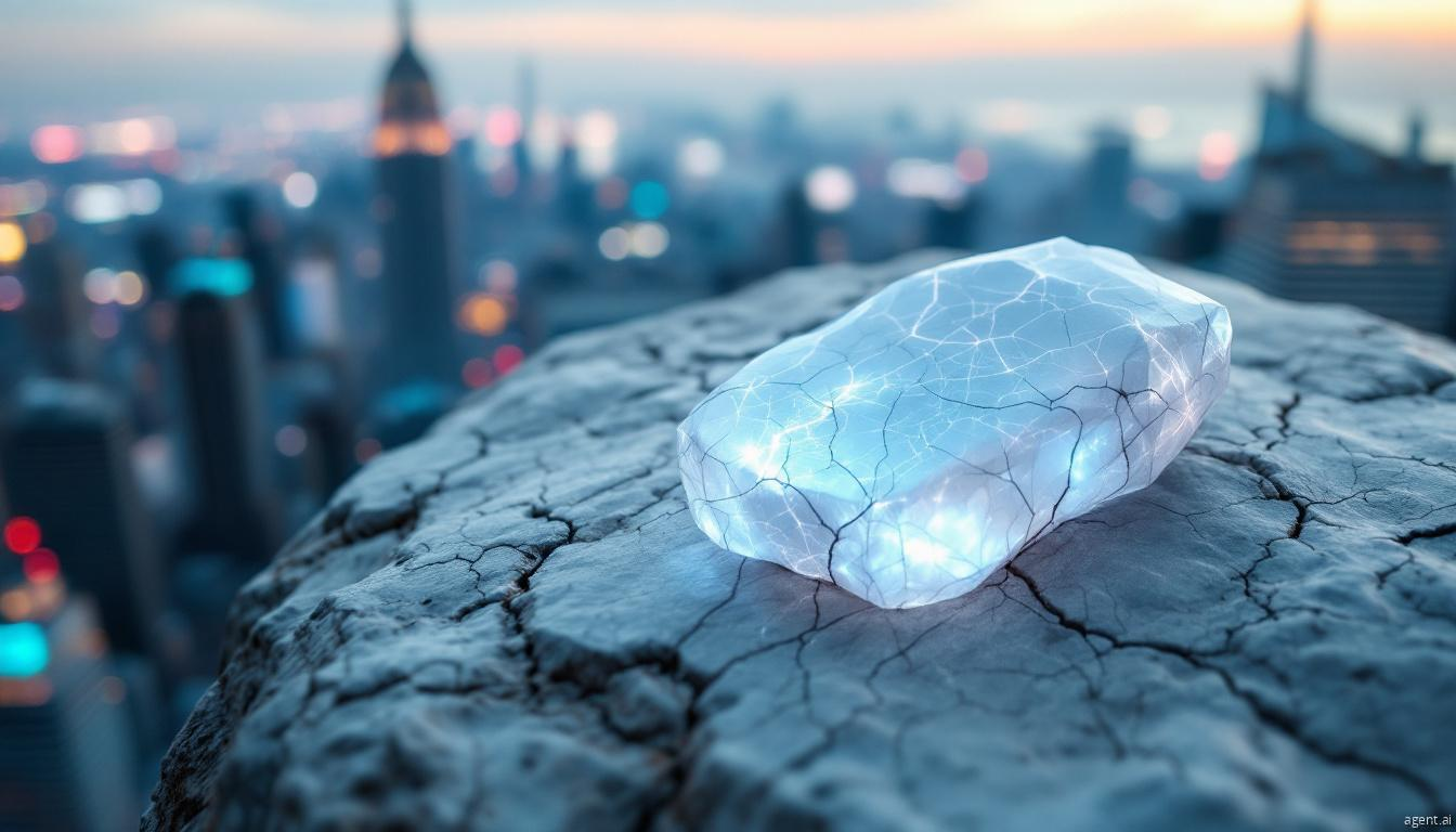 A glowing, cracked crystal-like object resting on a rugged rock with a futuristic city skyline in the background.