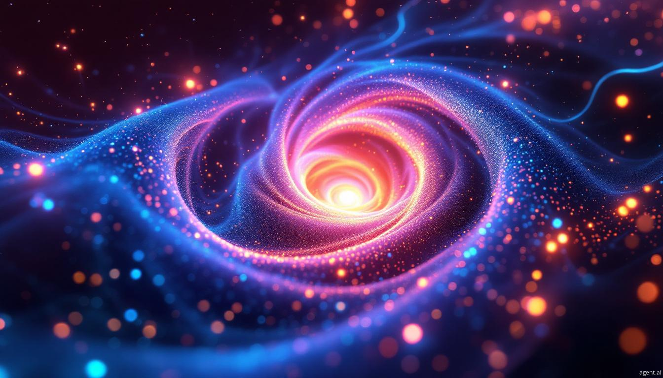 A vibrant, glowing vortex of swirling energy in deep space, with blue and orange particles radiating outward.