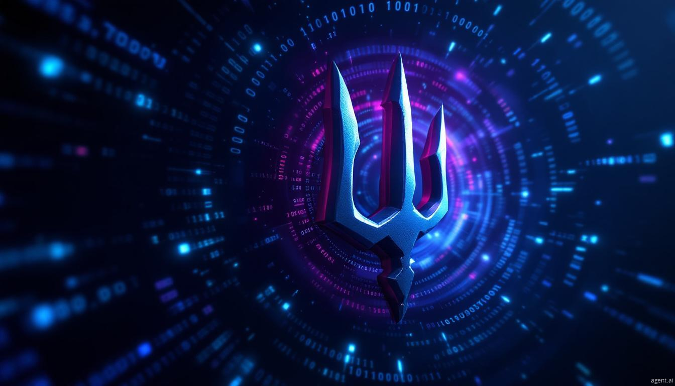 A digital trident symbol with a futuristic cyber-themed background, representing cyber threats or hacking.