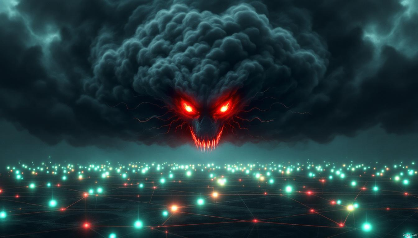 A menacing demon-like face with glowing red eyes emerges from dark storm clouds above a network of interconnected glowing nodes