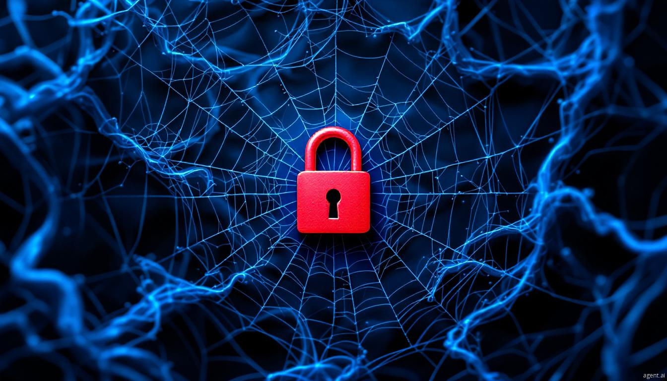 A red padlock centered on a glowing blue spider web pattern against a dark background