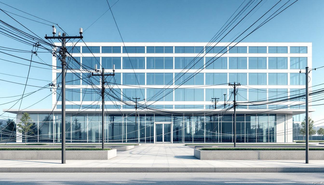 Modern glass office building facade intersected by overhead power lines and utility poles creating a geometric contrast
