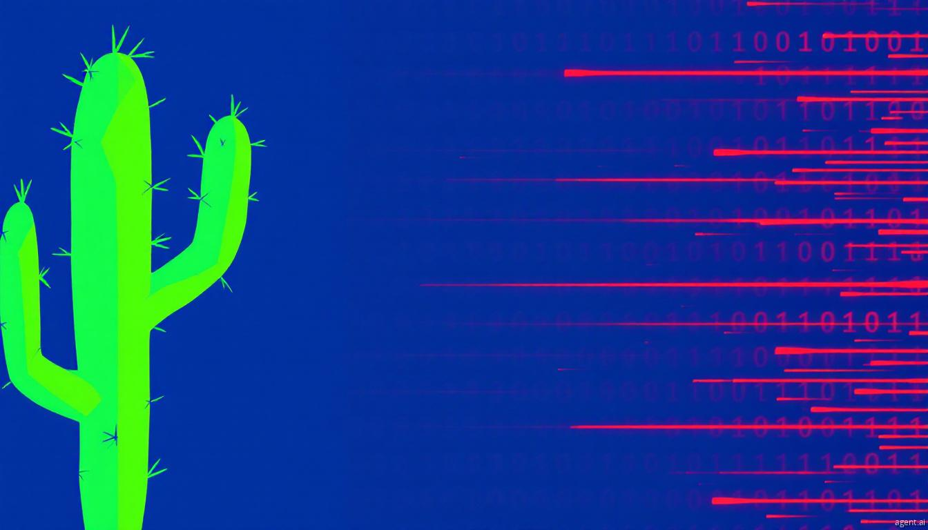 Neon green cactus against dark blue background with red binary code streams flowing across
