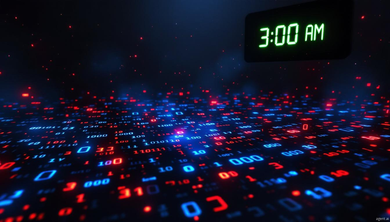 Digital floor of glowing red and blue binary code beneath a green digital clock displaying 3:00 AM