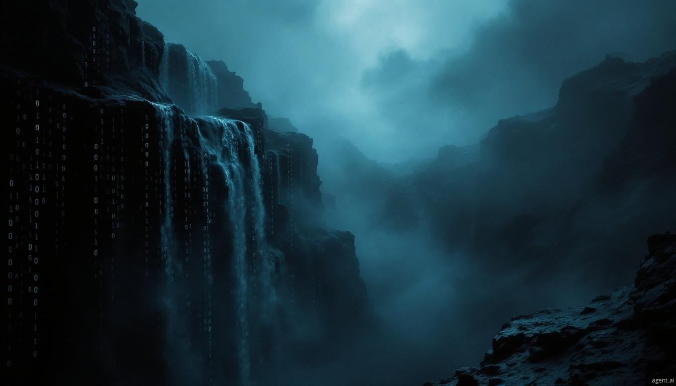 A moody, dark waterfall cascading down cliffs with binary code overlaid against a teal-tinted misty background.