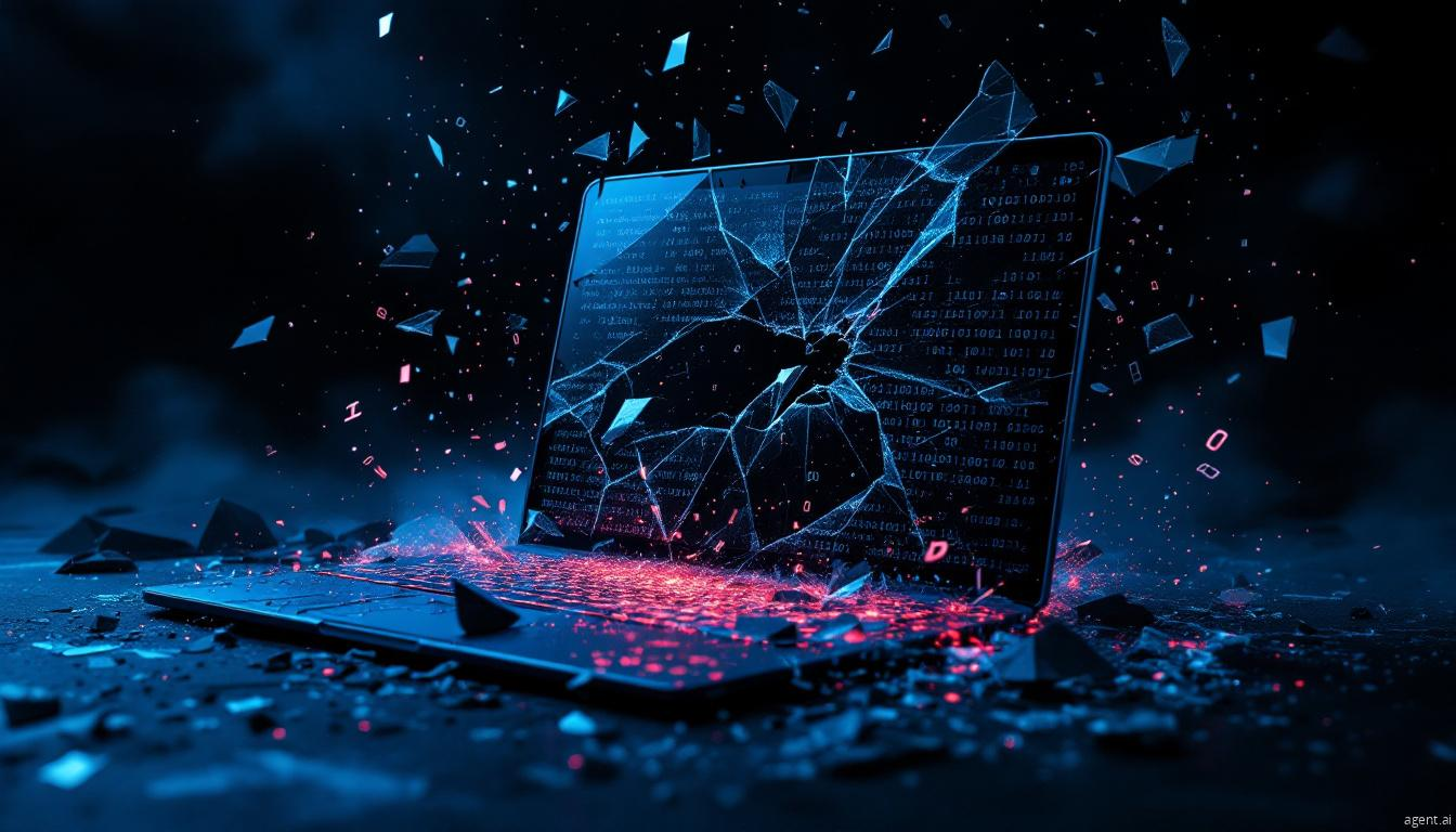A shattered laptop screen displaying binary code with blue shards and pink sparks flying against a dark background.