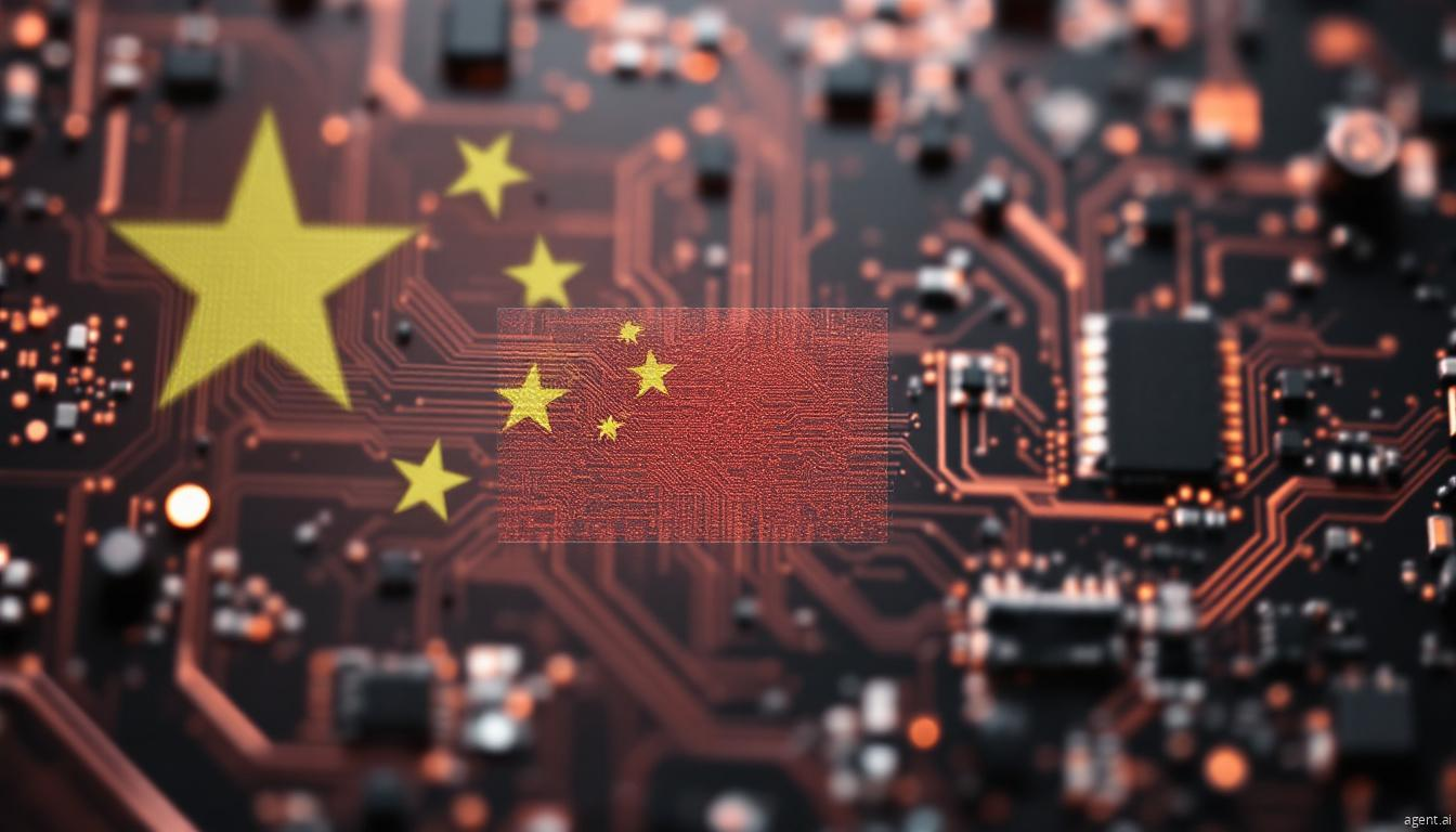 Chinese flag superimposed over a computer circuit board with glowing copper traces and electronic components.