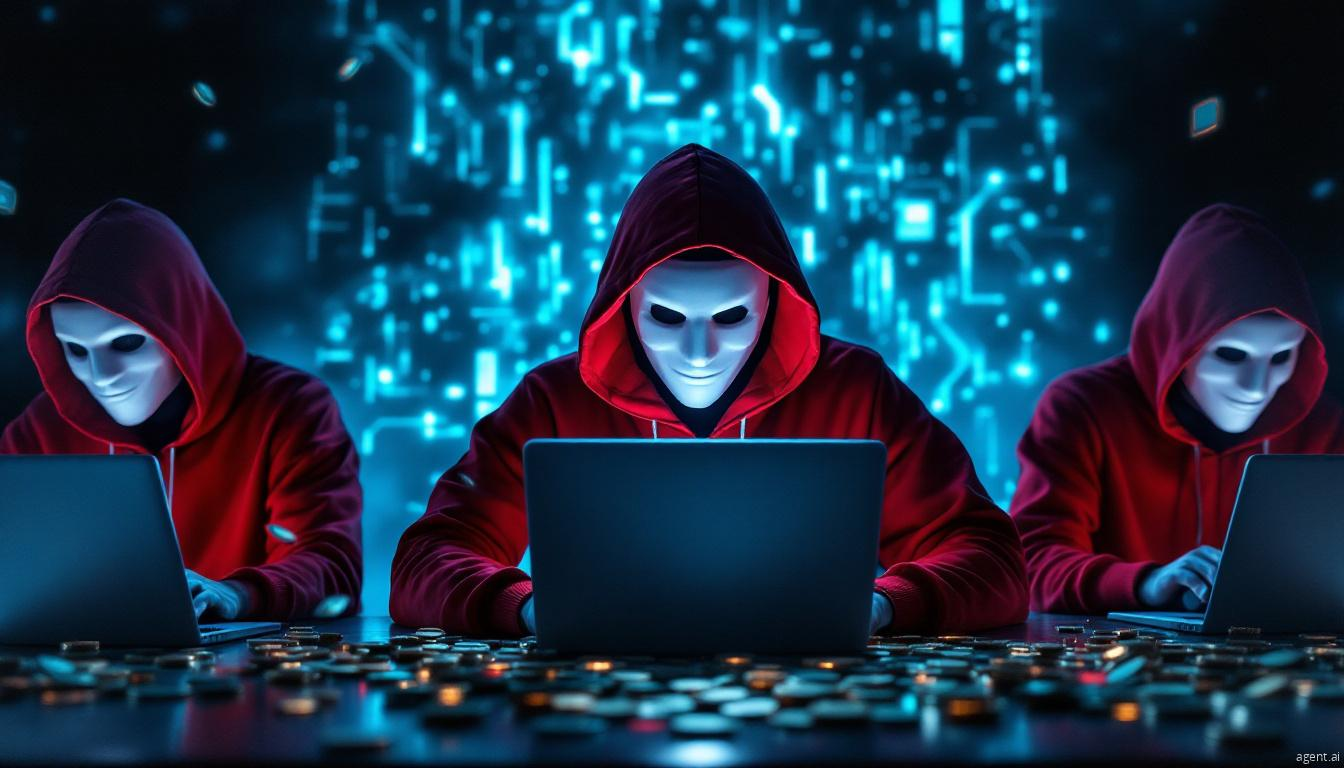 Hooded hackers in white masks working on laptops with digital symbols and scattered coins around them