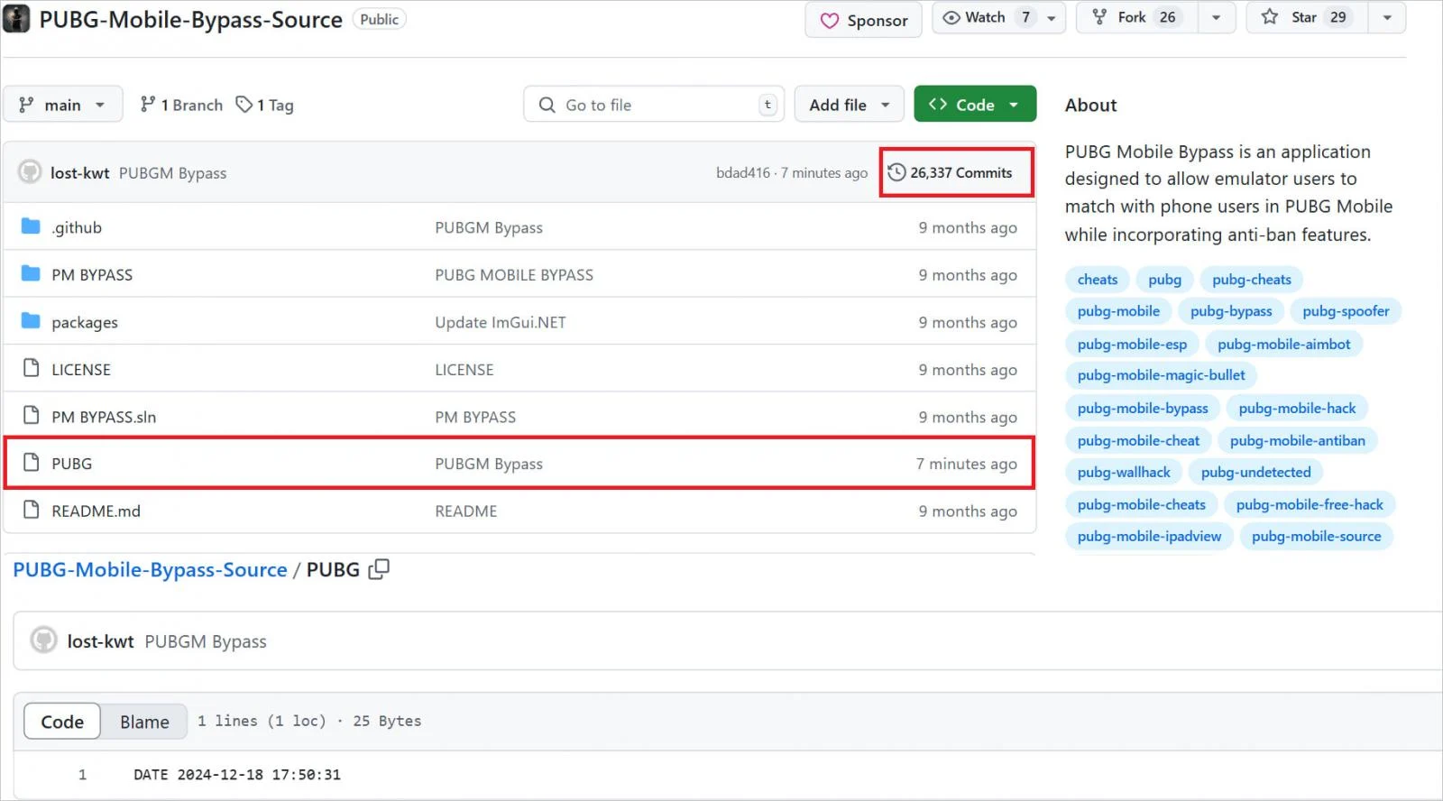 GitHub repository page showing PUBG Mobile Bypass source code with cheat-related tags and files.