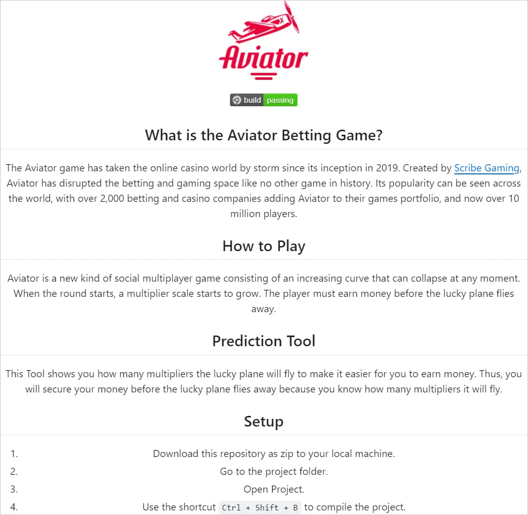 Website explaining Aviator casino game with prediction tool setup instructions and information about gameplay.