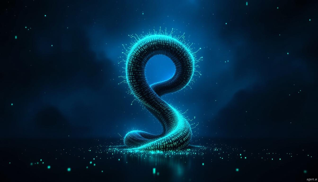 Glowing blue spiral structure made of binary code against dark background representing digital technology.