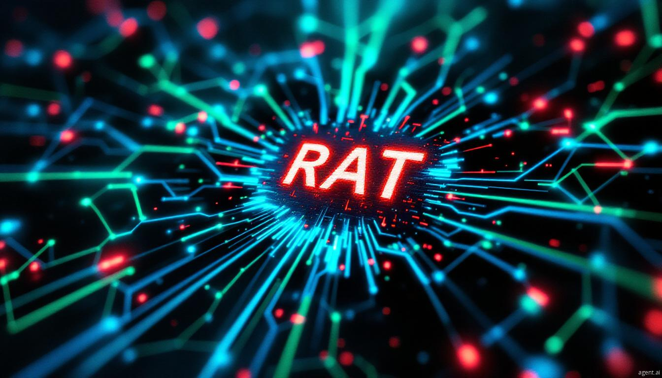 Digital circuit-like pattern with glowing "RAT" text (Remote Access Trojan) in red against blue and green connections.
