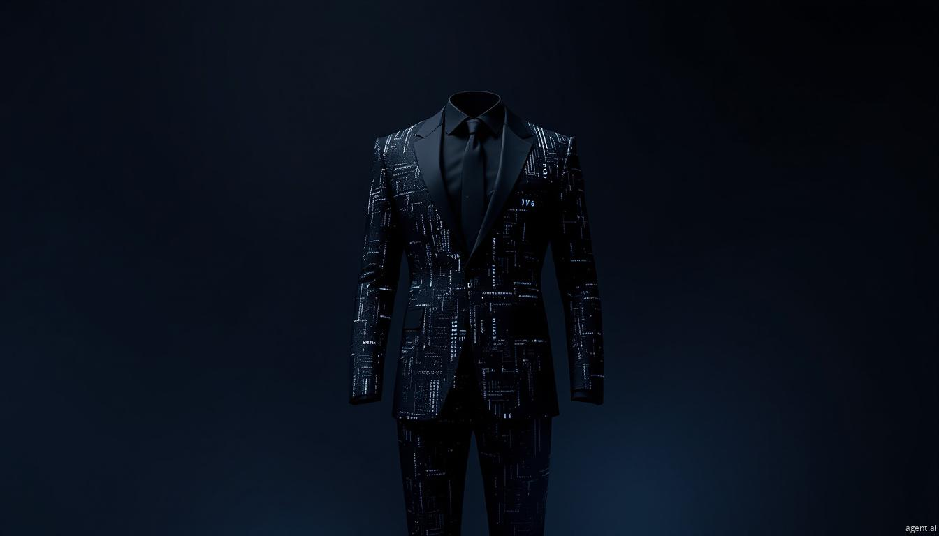 Black suit with circuit-like pattern embellishments displayed against dark background.