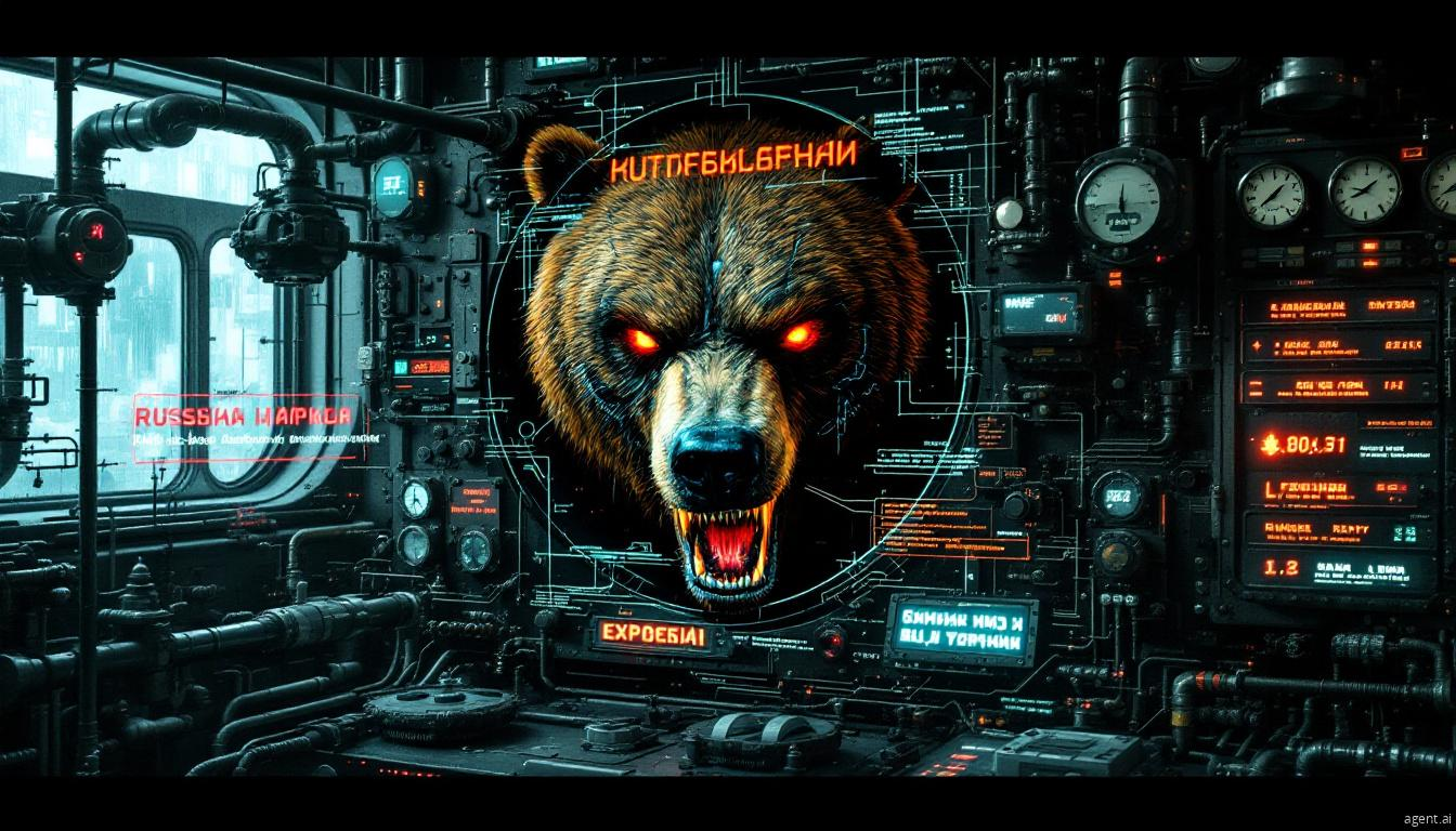 Digital illustration of a fierce bear with glowing eyes surrounded by industrial machinery and Cyrillic text.