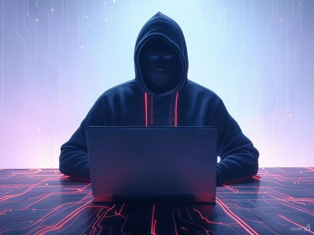A hooded figure in dark clothing using a laptop against a cybersecurity-themed background with glowing circuit patterns.