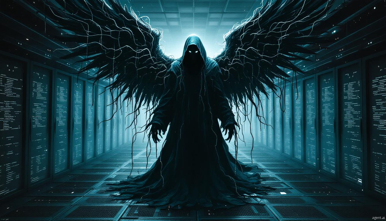 Dark hooded figure with electric wings standing in a blue-lit server room corridor.