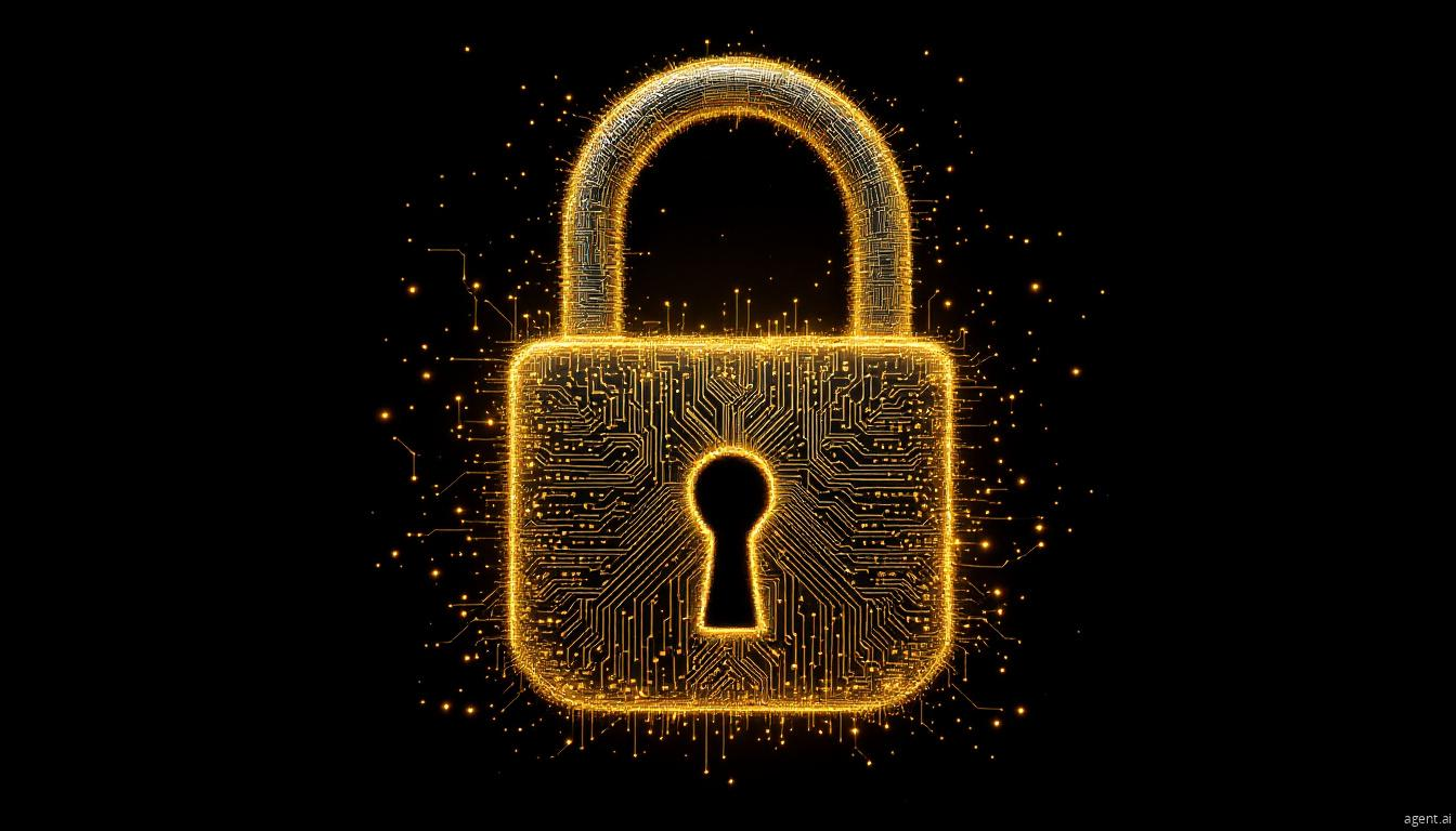 An illuminated digital padlock with circuit-like patterns representing cybersecurity and data protection.
