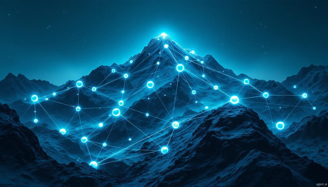 A futuristic digital network overlaying a mountain landscape, symbolizing connectivity and cybersecurity.