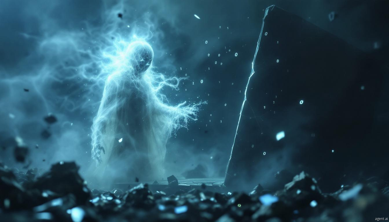 A ghostly figure made of glowing energy and binary code, symbolizing cyber threats and digital hauntings.