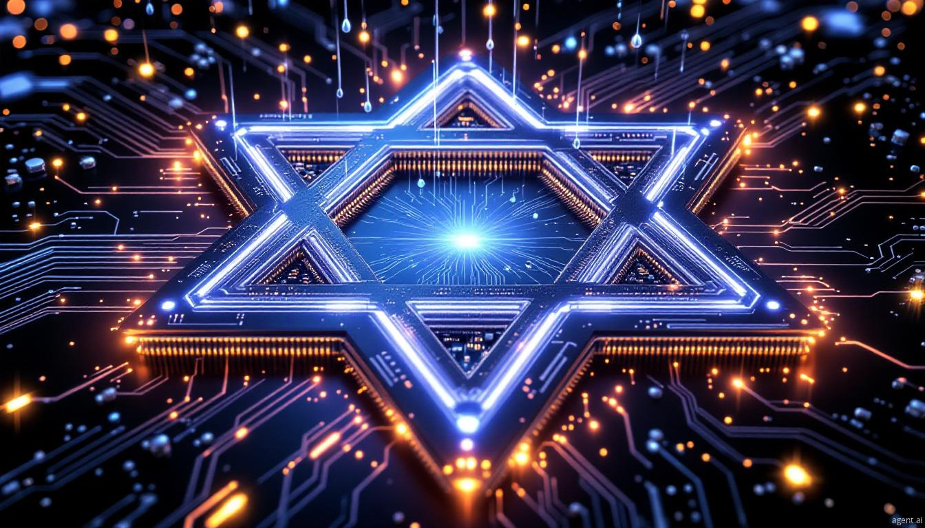 A futuristic, glowing Star of David integrated into a high-tech circuit board with neon blue and gold digital elements.