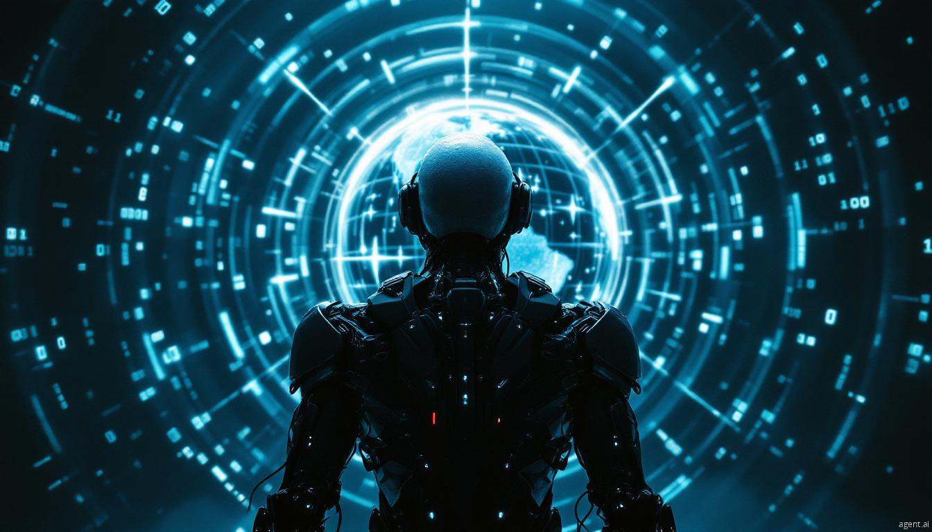 A futuristic cybernetic humanoid analyzing a glowing, holographic world map surrounded by a swirling matrix of data and digital codes.