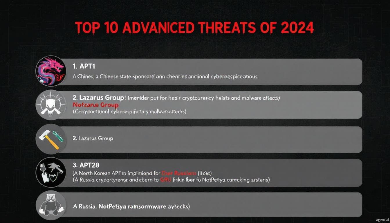 An infographic displaying the top 10 advanced cyber threats of 2024, highlighting APT1, Lazarus Group, and APT28 with brief descriptions and associated images.