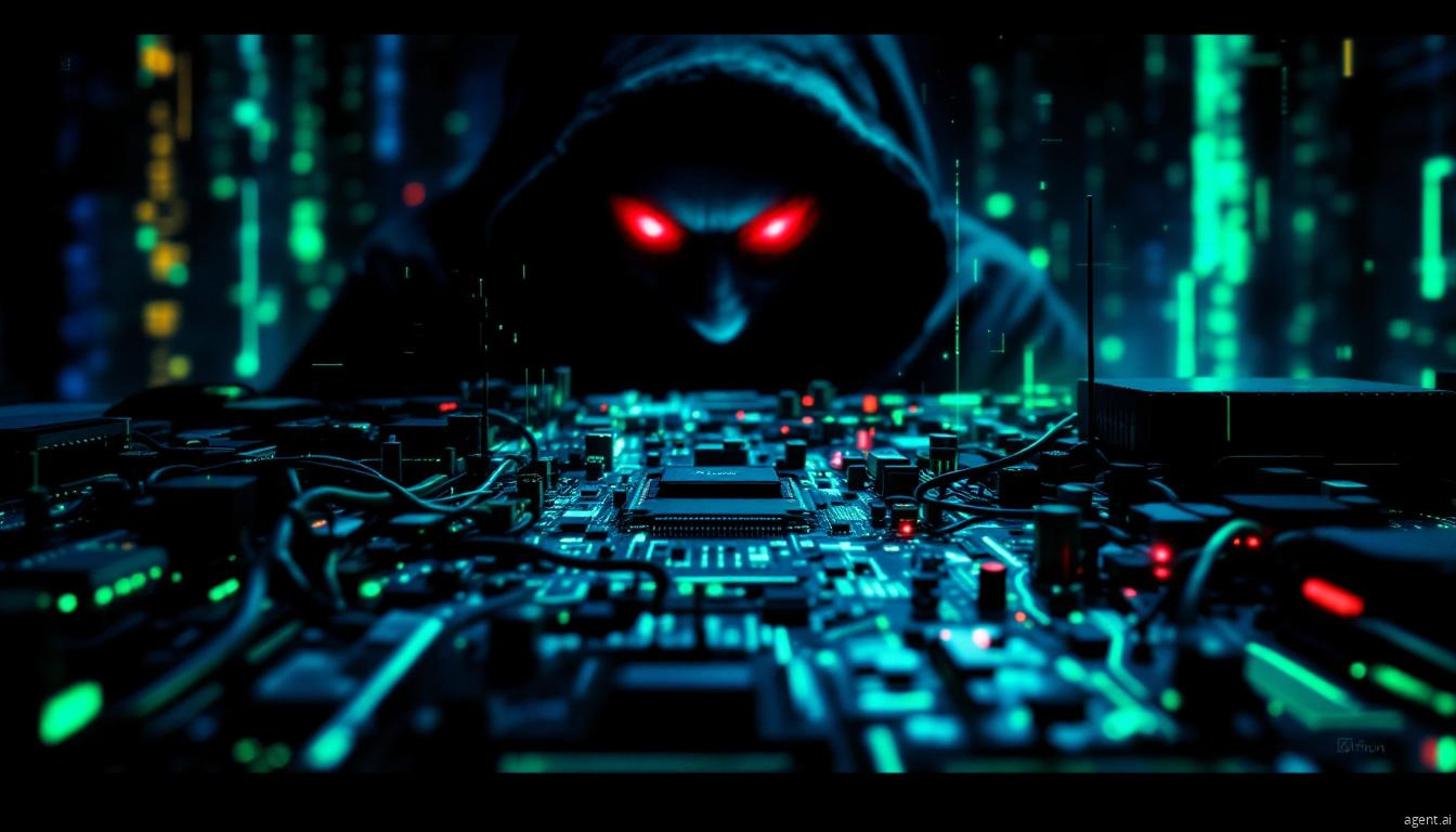 A hooded cybercriminal with glowing red eyes lurks behind a circuit board, symbolizing advanced cyber threats and hacking in a digital landscape.