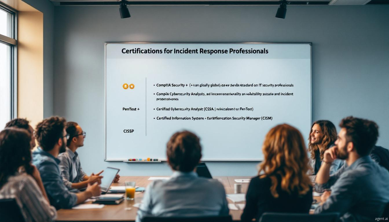 A group of professionals in a meeting room discussing a presentation on certifications for incident response professionals.