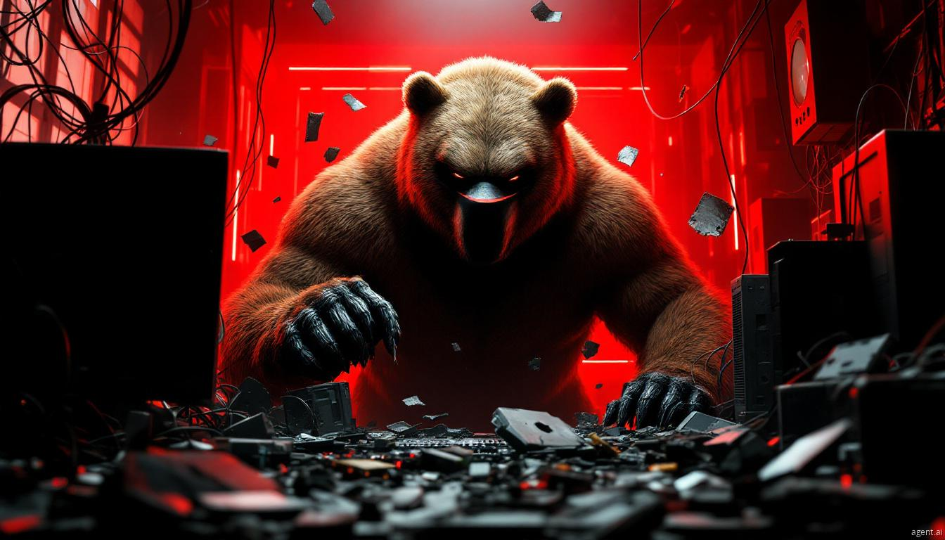 A menacing bear with cybernetic features wreaks havoc in a dark, high-tech environment, symbolizing cyber threats.