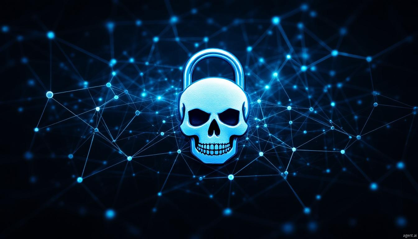 A glowing digital skull lock surrounded by interconnected nodes, symbolizing cyber threats and ransomware encryption.