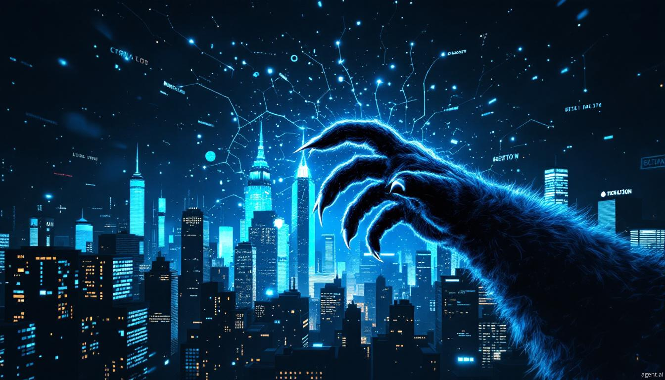 A monstrous cybernetic claw reaching over a futuristic city skyline, symbolizing digital threats and cyber attacks.