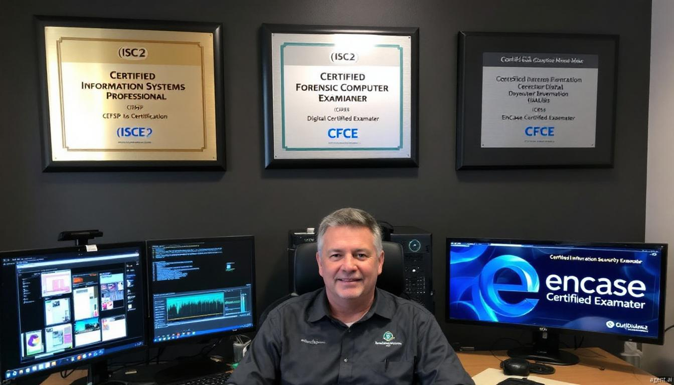 A cybersecurity professional sits at a workstation with multiple monitors displaying forensic analysis tools, surrounded by framed certifications in digital forensics and information security.