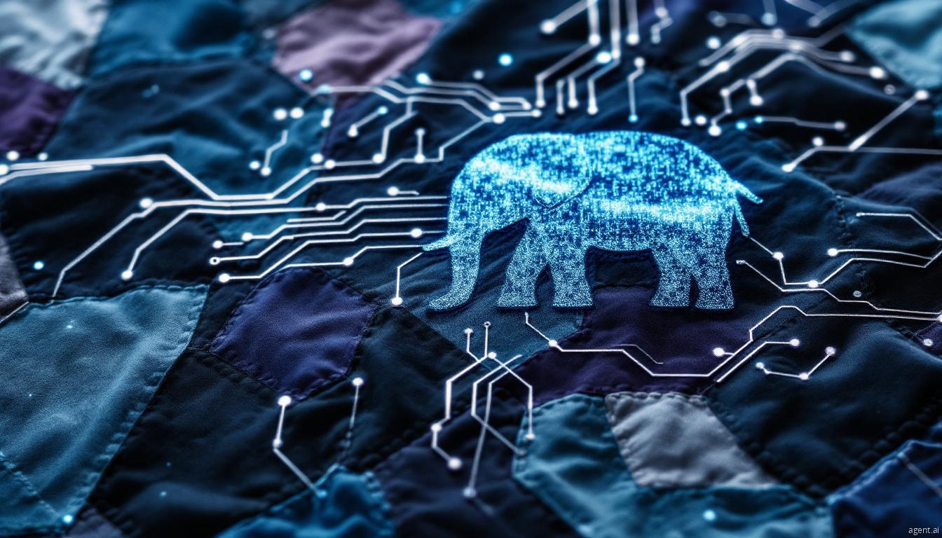 A futuristic digital elephant made of glowing circuitry, embedded in a dark patchwork fabric background.