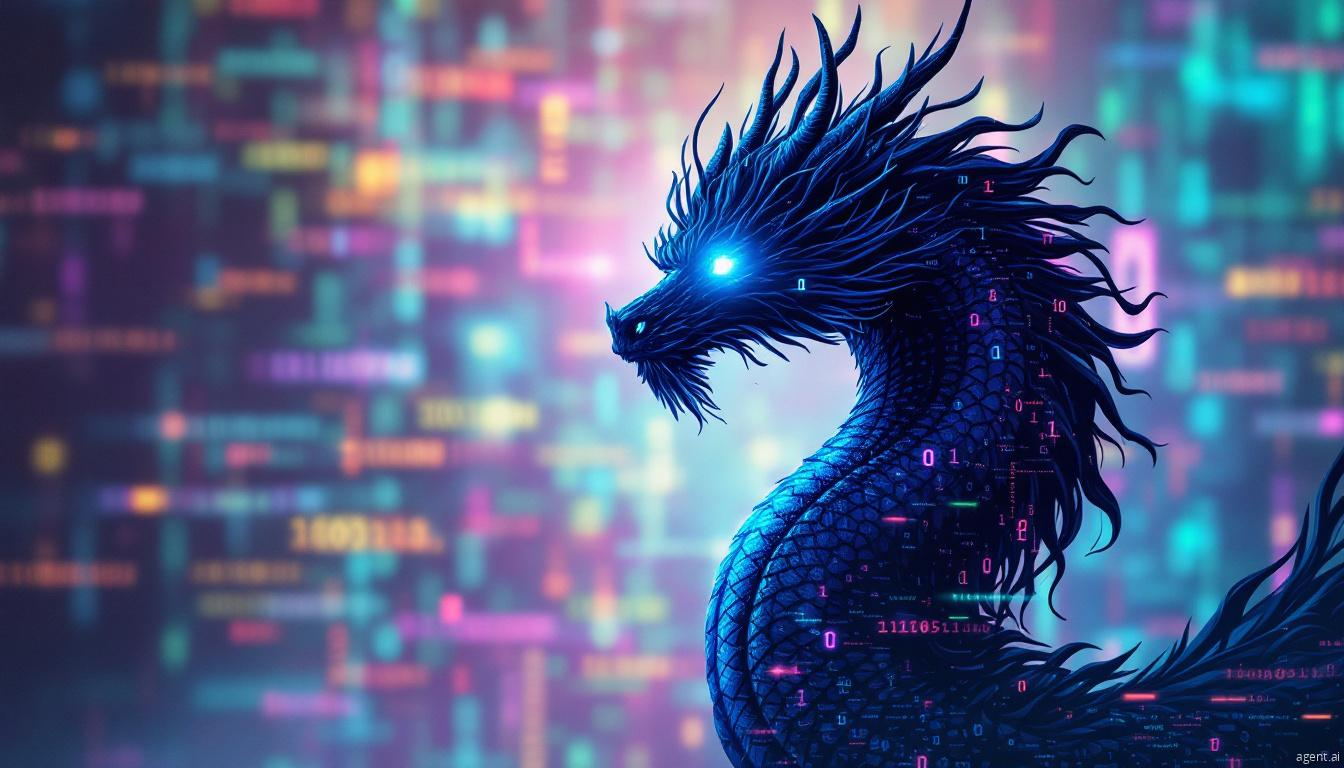 A glowing cybernetic Qilin dragon with digital code embedded in its scales, set against a futuristic, neon-hued background.