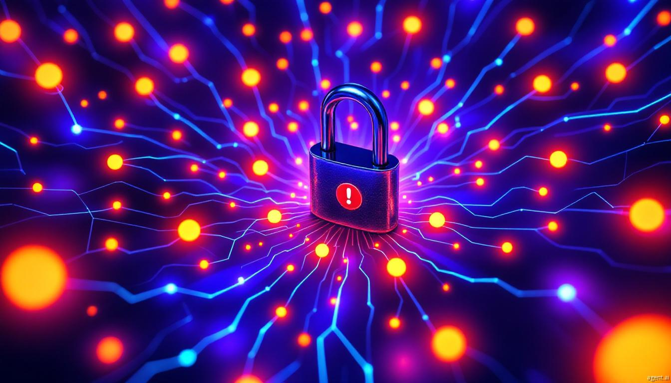 A glowing padlock with a red warning symbol, surrounded by a network of bright digital nodes, symbolizing a ransomware cyber threat.