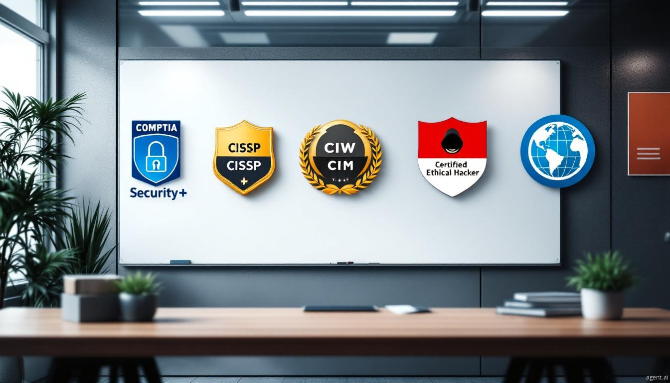 A whiteboard displaying five cybersecurity certification badges, including Security+, CISSP, CIW CIM, CEH, and a globe emblem, in a modern office setting.