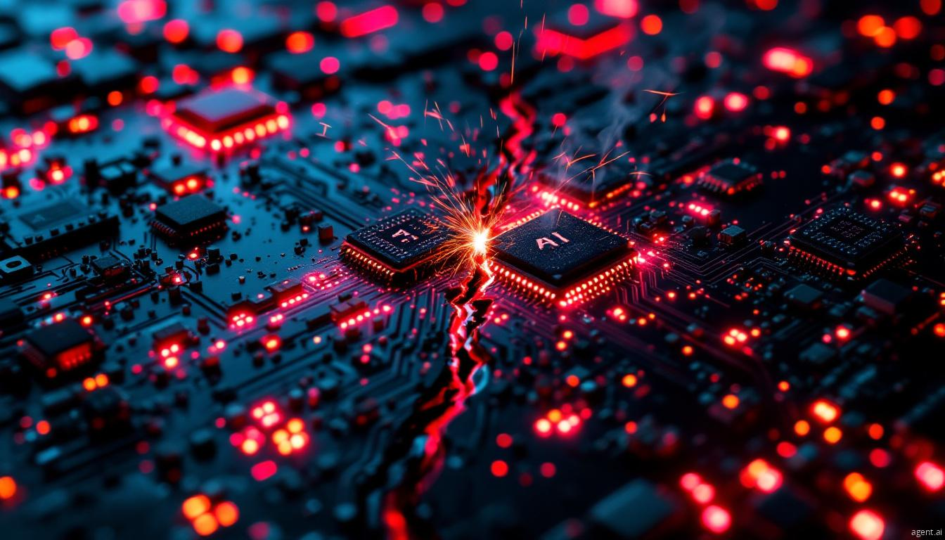 A visually striking image of a damaged AI microchip on a circuit board, emitting sparks and surrounded by glowing red lights, symbolizing a cybersecurity breach or ransomware attack.