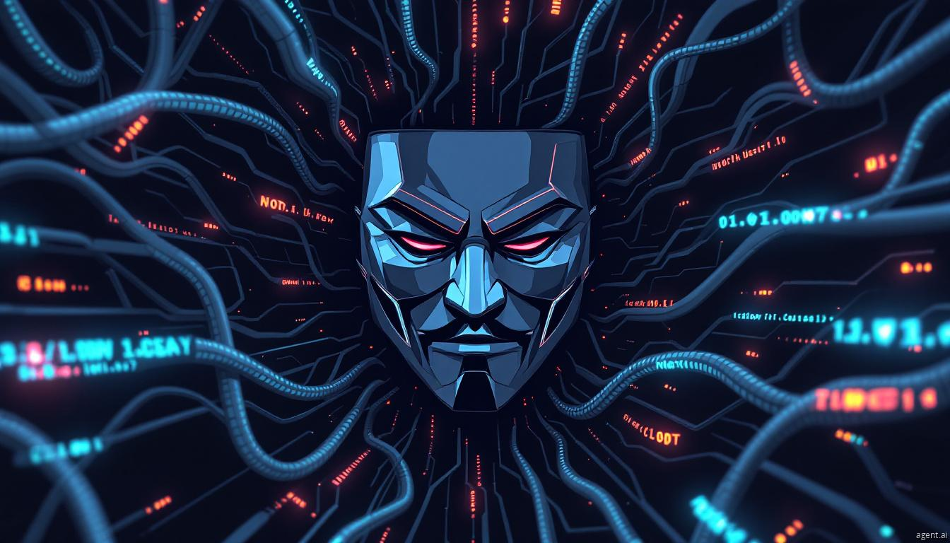 A futuristic cybernetic face with glowing red eyes, surrounded by digital cables and floating data streams, symbolizing a cyber threat or AI-driven hacking entity.