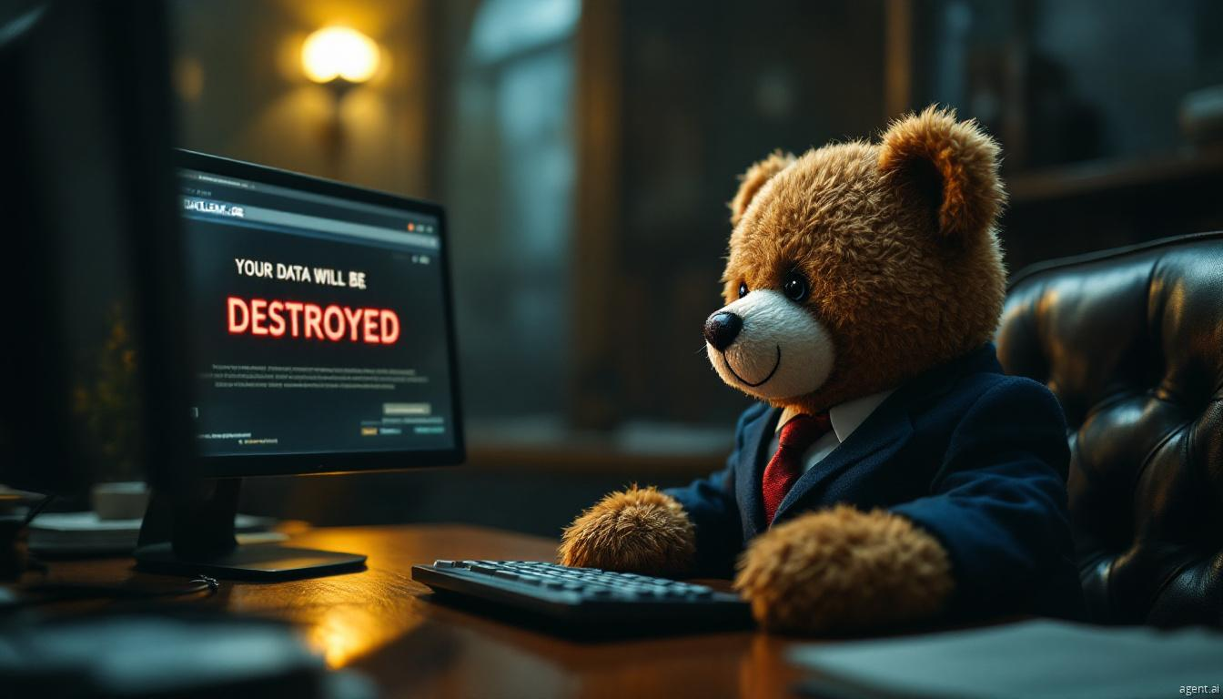 A teddy bear dressed in a suit sitting at a desk, typing on a keyboard, with a ransomware warning on the screen that reads "YOUR DATA WILL BE DESTROYED," symbolizing cyber threats in a humorous yet ominous way.