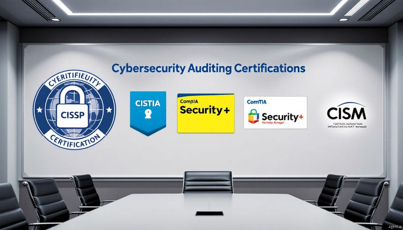 A conference room displaying major cybersecurity auditing certifications, including CISSP, CISM, CompTIA Security+, and CISTIA on a whiteboard.