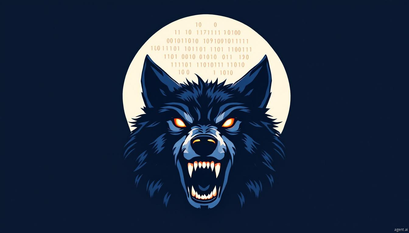 A snarling digital wolf with glowing eyes appears against a binary-coded moon, symbolizing the WereWolves ransomware threat in cybersecurity.
