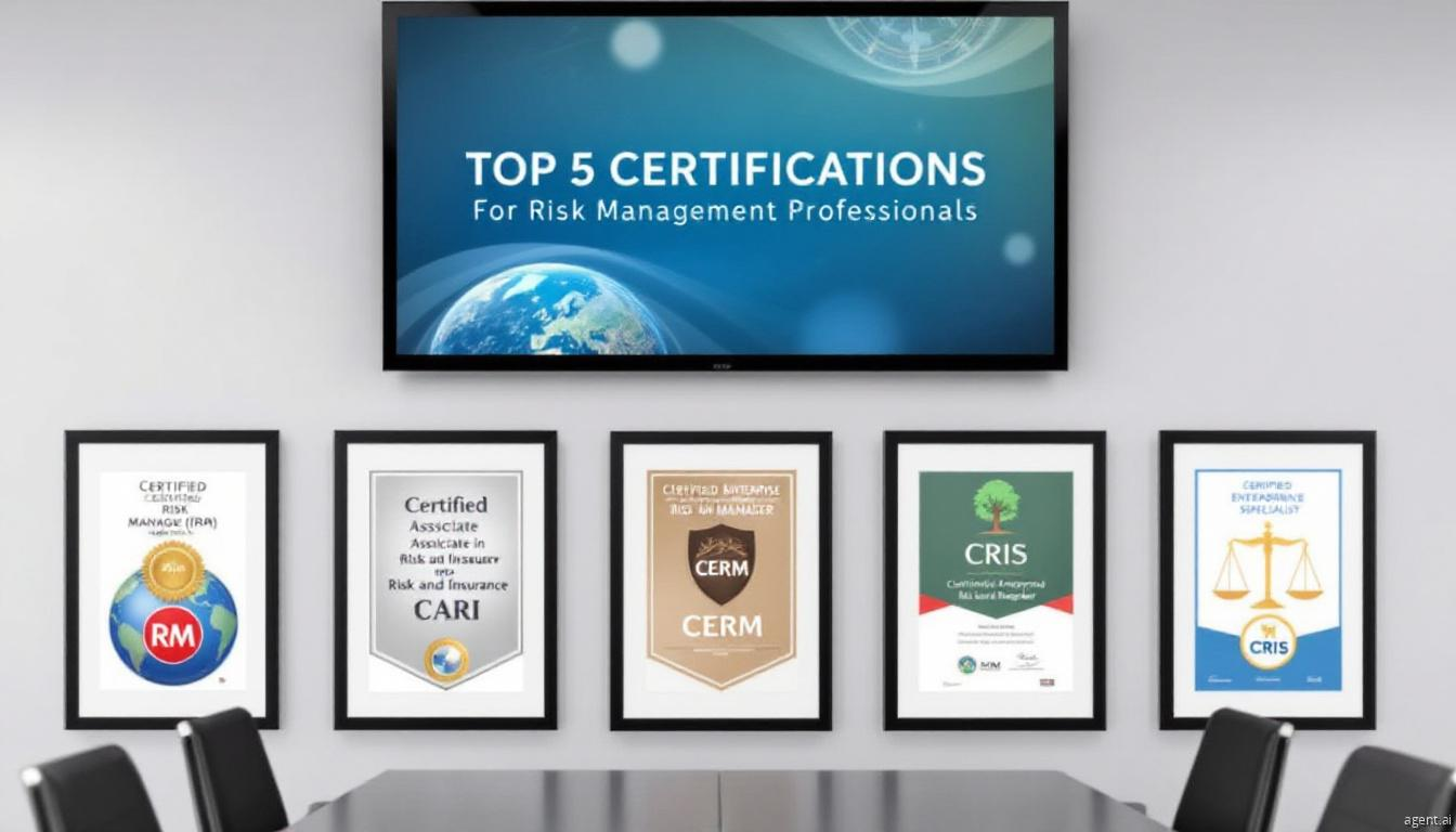 A conference room wall displaying the top five risk management certifications with framed certificates and a digital screen.