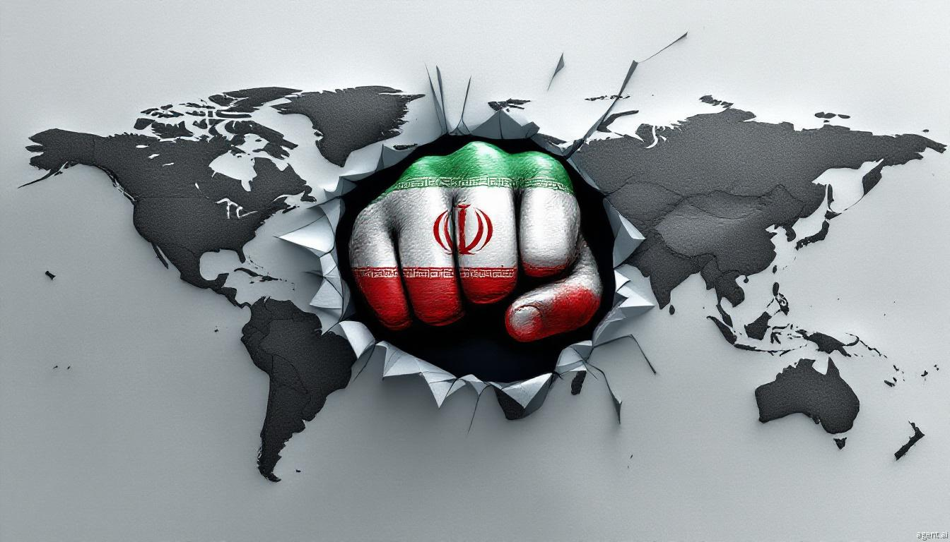 A powerful fist painted with the Iranian flag punches through a world map, symbolizing geopolitical influence or cyber warfare impact.