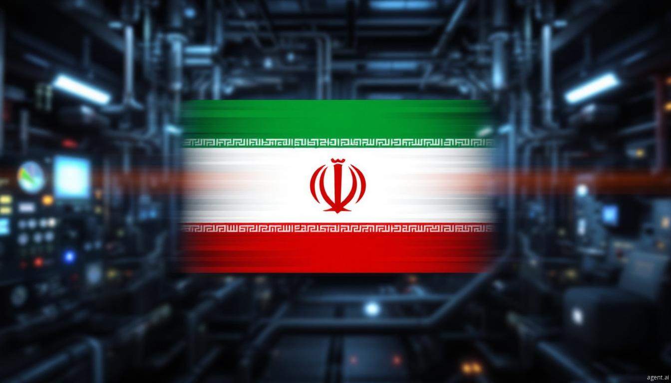 The Iranian flag digitally projected in a high-tech industrial control room, symbolizing cyber threats or nation-state cyber operations.