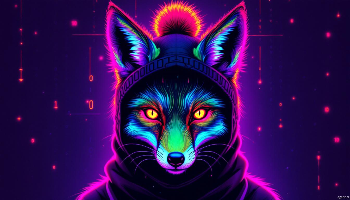 A vibrant, neon-colored fox wearing a beanie and hood, set against a futuristic digital background with glowing binary code.