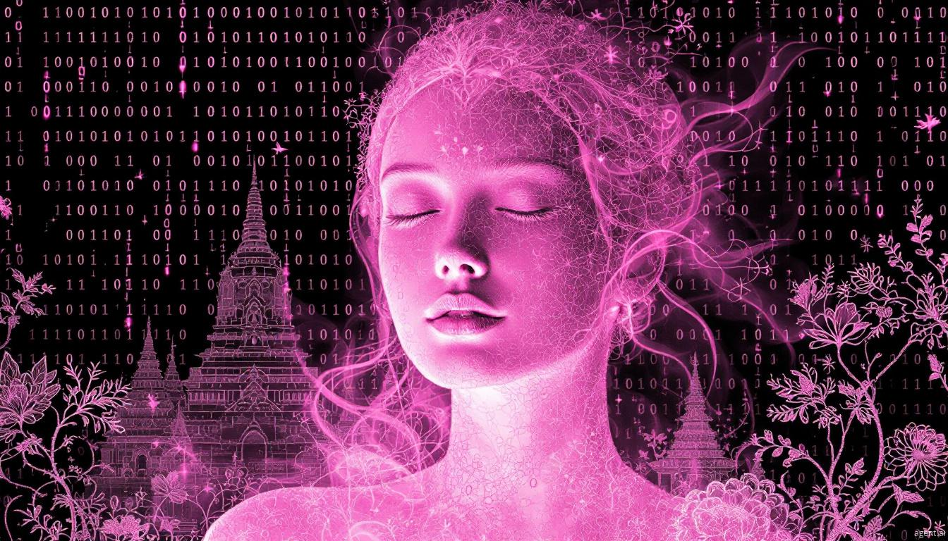 A futuristic, ethereal woman in pink hues with a cybernetic aura, surrounded by flowing data streams and binary code, symbolizing cyber espionage and digital mysticism.