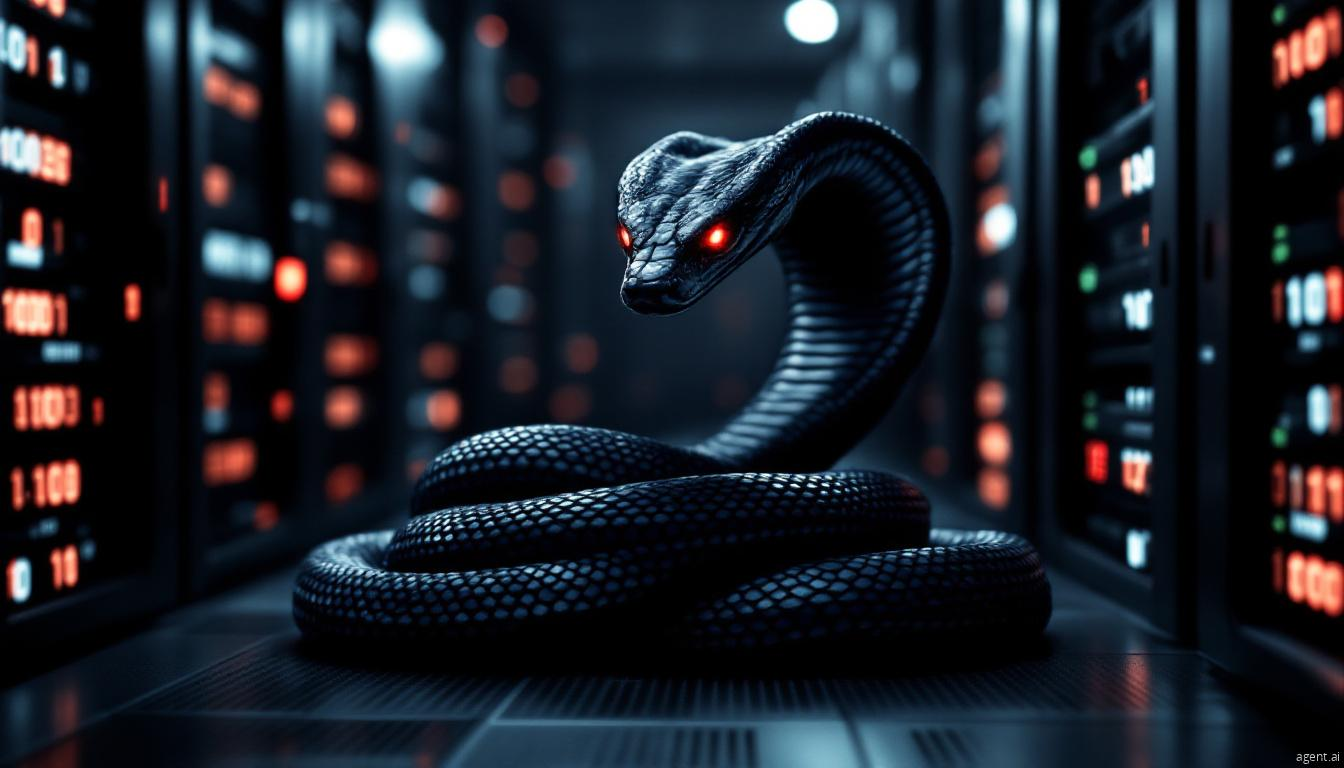 A menacing black snake with glowing red eyes coiled inside a data server room, symbolizing cyber threats, ransomware, and digital infiltration.