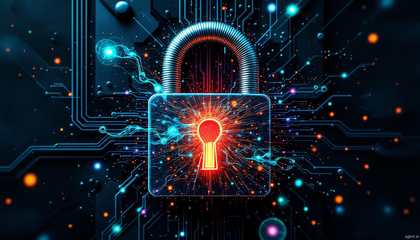 Futuristic digital padlock with glowing circuits representing cybersecurity and data protection.